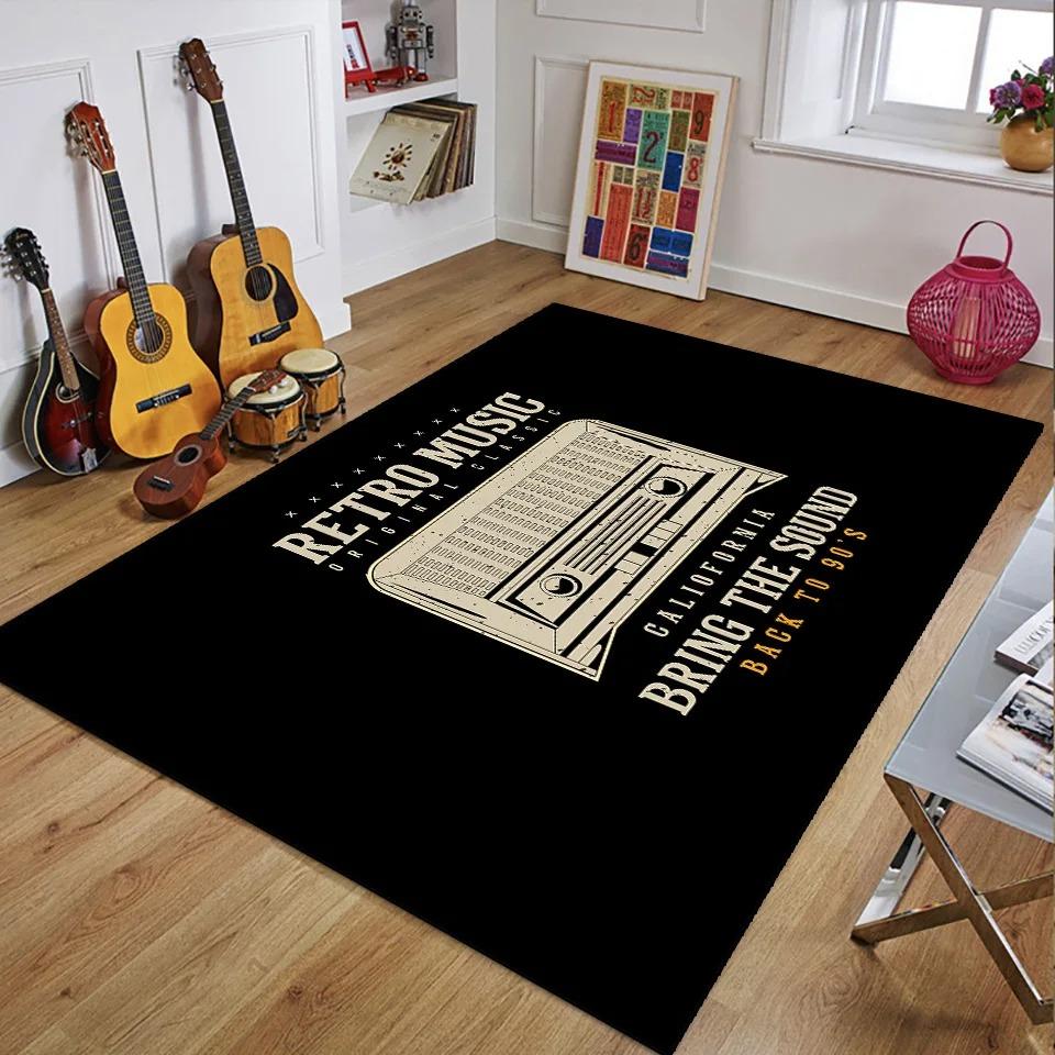 Retro Music Theme Area Rug with Cassette Jazz Guitar Rock Patterns Absorbent Floor Mat for Living Room Bedroom Home Decor