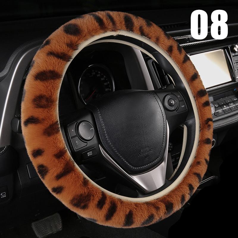 Luxury Leopard Winter Car Steering Wheel Cover Fur Imitation Rabbit Hair Soft Plush Gear Handbrake Case Car Interior
