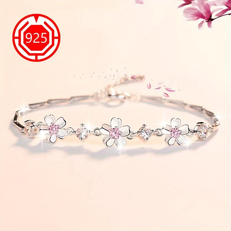 Exquisite 925 sterling silver cherry blossom bracelet with natural gemstone floral design