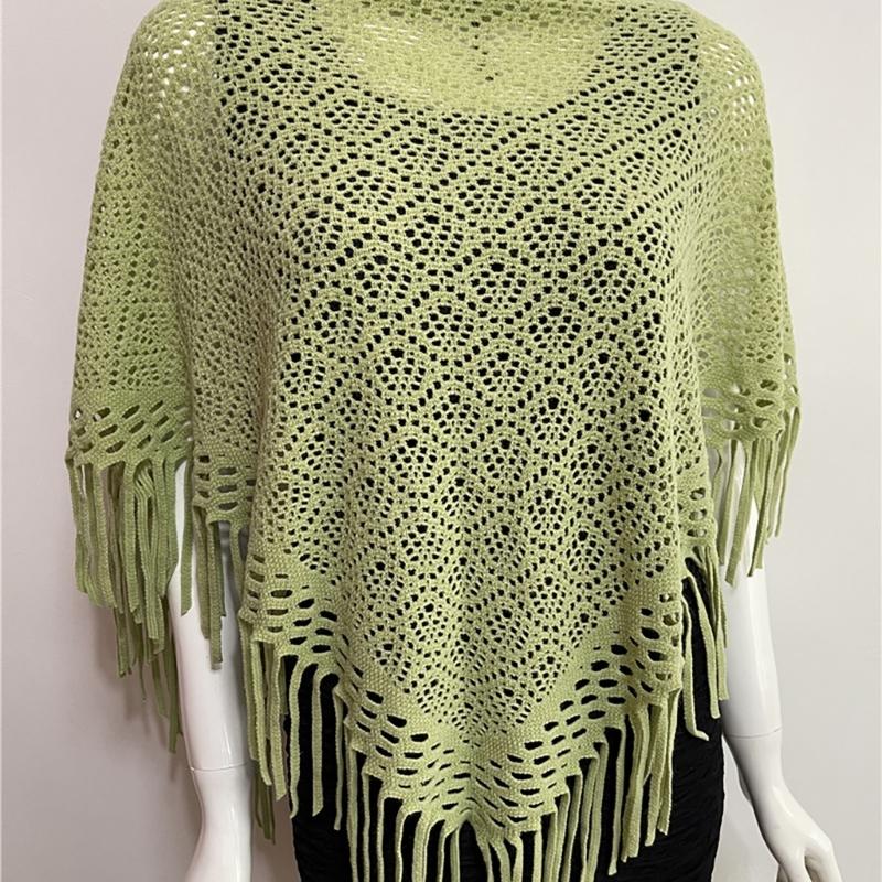 Women's Hollowed Knitted Triangular Scarf Imitation Cashmeres Soft Winter Shawl Wrap Neckerchief Blanket with Fringes