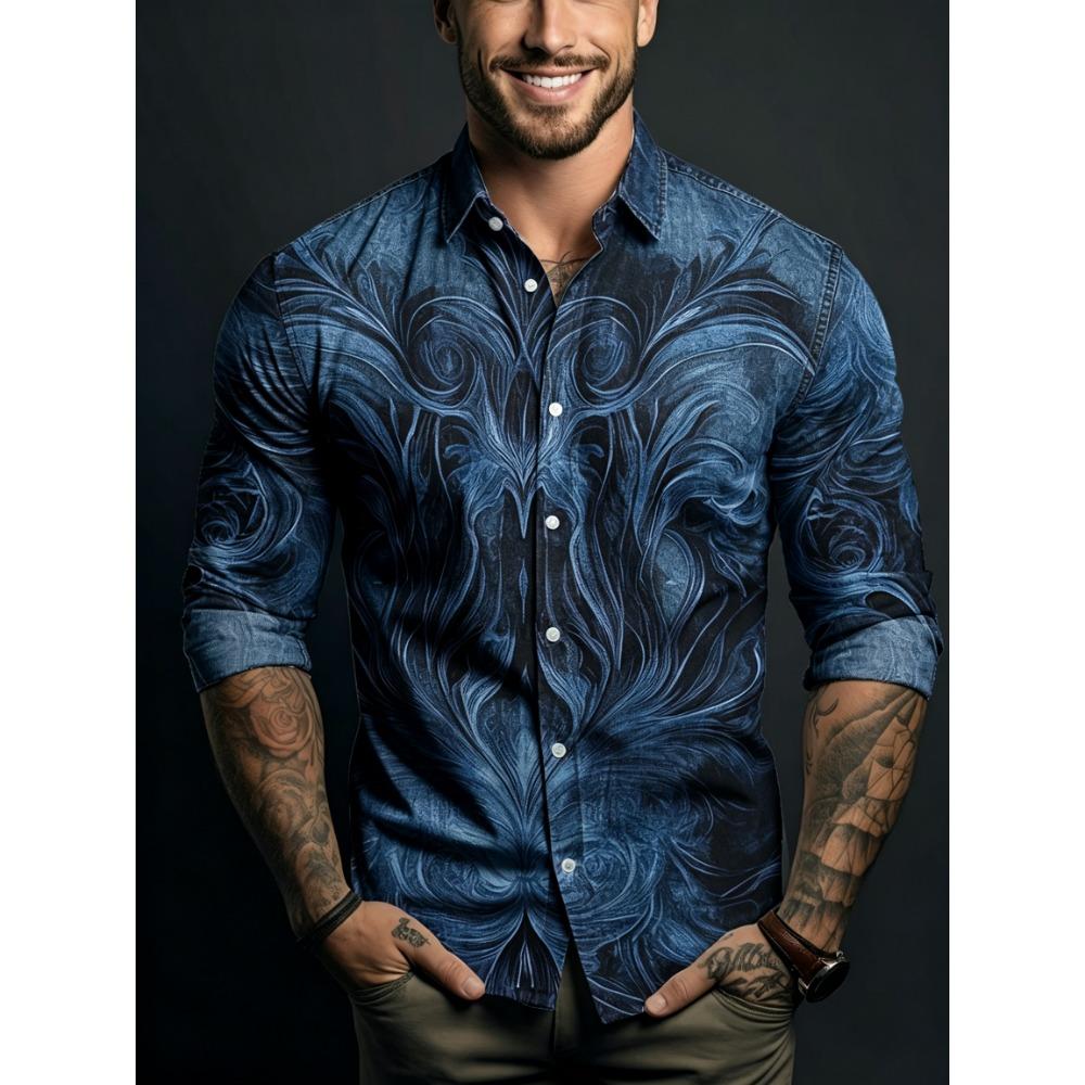 Men's Symmetrical Fluid Pattern Printed Long Sleeved Shirt with Lapel Buttons, Nightclub Party Trendy Men's Top