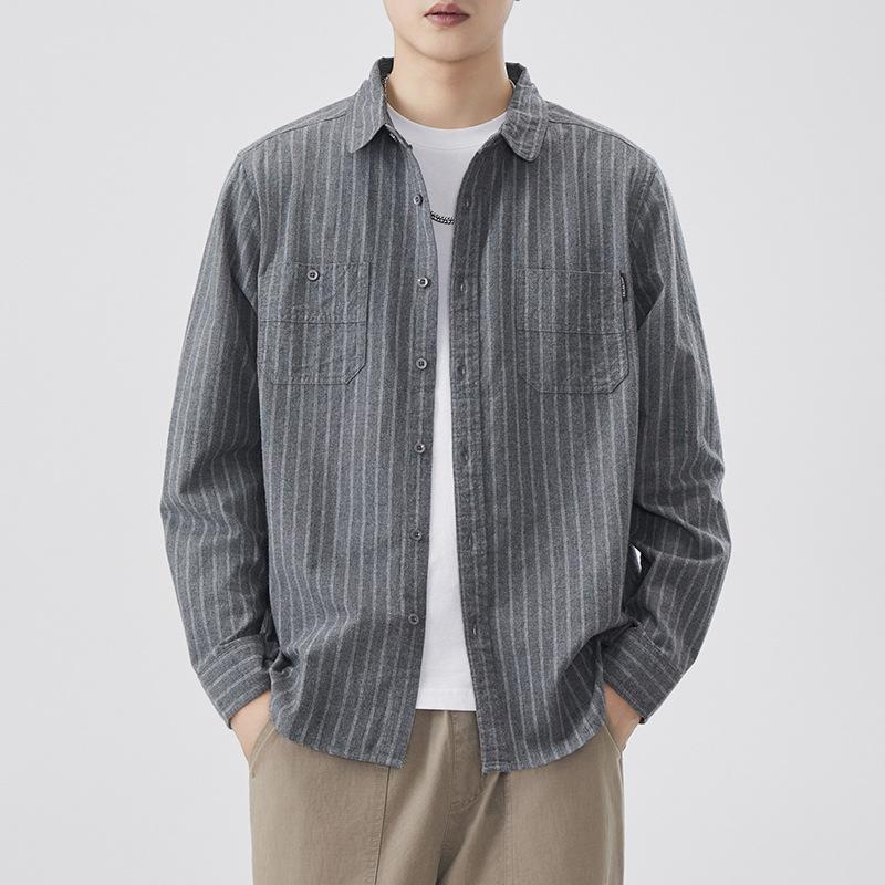 Japanese Retro Autumn Clothing New Men's Casual Cotton Long-sleeved Striped Shirt American Workwear Grinding