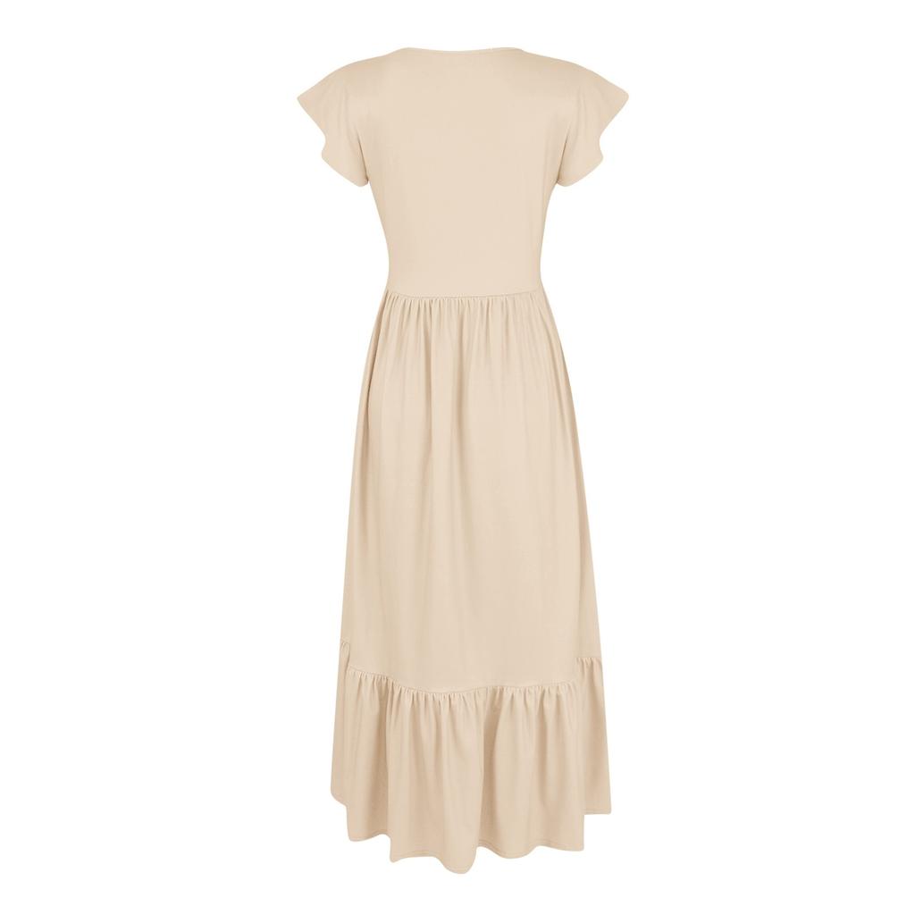 Damen Sommer Freizeitkleider Kurzarm Rundhalsausschnitt Locker Fließendes Strandkleid Mit Taschen