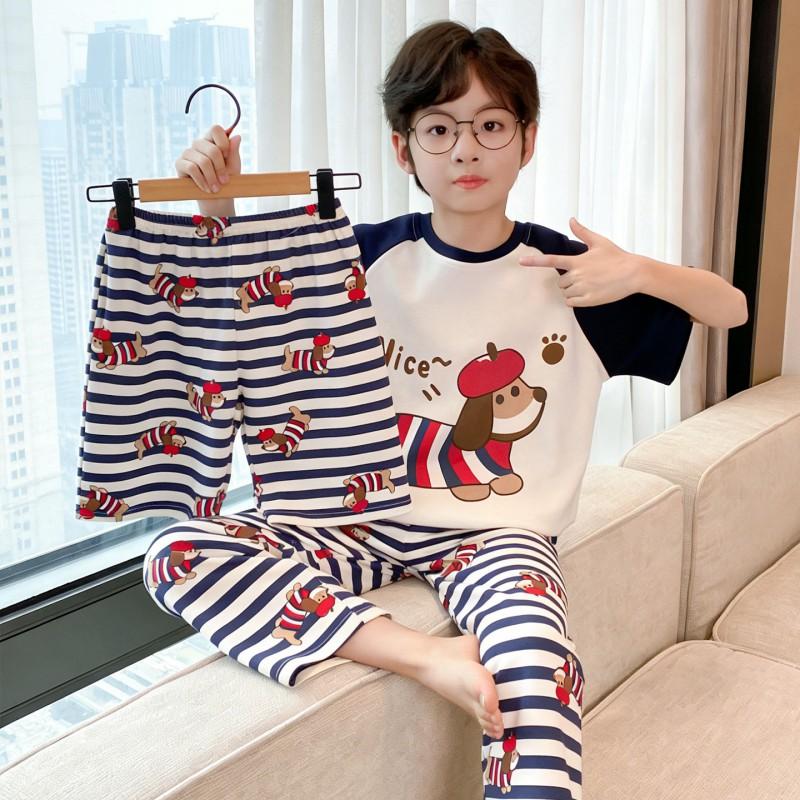 Boys Cotton Pajama Set Short Sleeve Shorts 3-Piece Cartoon Sleepwear Lightweight Home Outfit Kids
