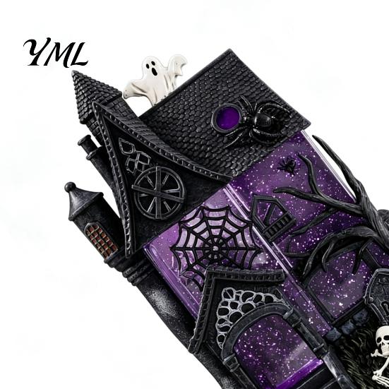 Indoor Haunted Home Accessory Gothic Resin Glitter Village Decoration, Halloween House Figurine with Purple Desktop Ornament Pumpkins Skulls Windows,