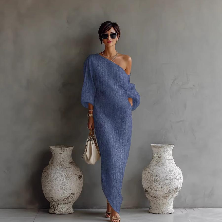 Nuovo Abito Lungo Estivo Moda di Alta Gamma da Donna a Maniche Lunghe Sulla Spalla Stile Vita Media Rimboccato