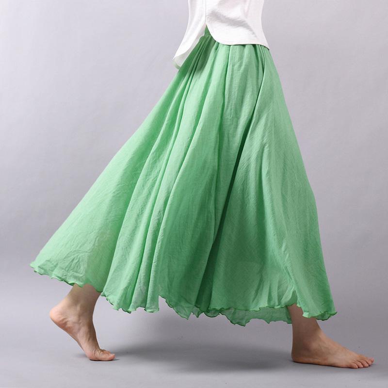 Women's Elegant High Waist Linen Maxi Skirt Summer Ladies Casual Elastic Waist 2 Layers Skirts Saia Feminina