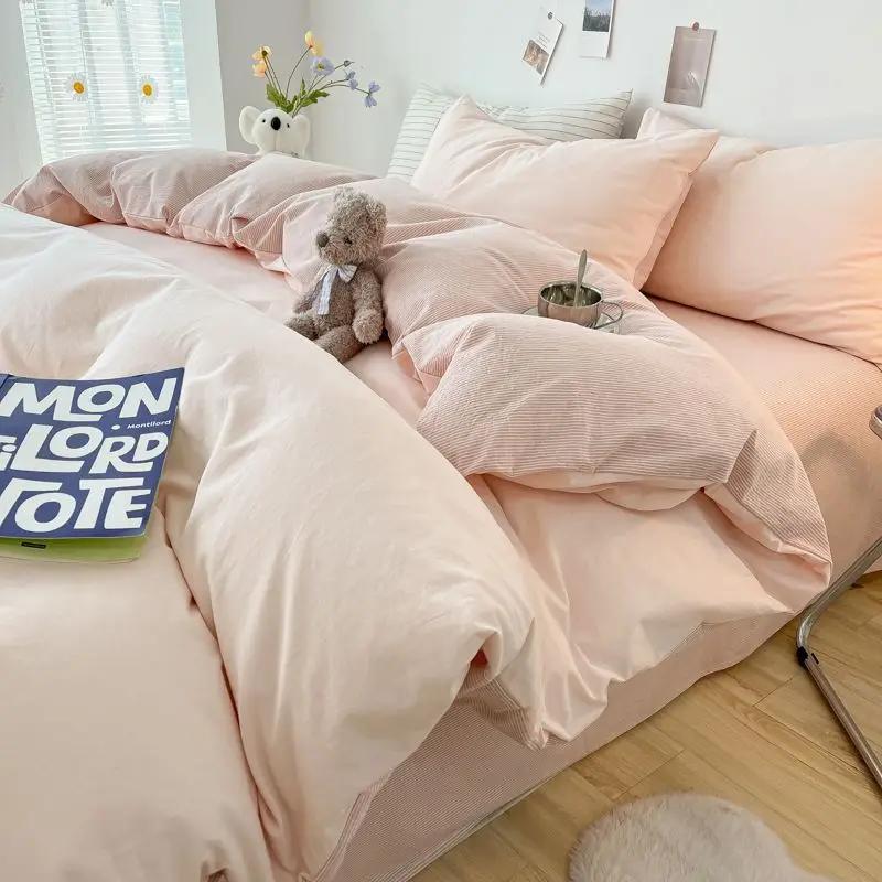 INS Plaid Bedding Set Pink Green Bed Linens Nordic Duvet Cover Pillowcase Queen Size Flat Sheet Adults Kids Bedclothes