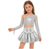 Meisjes Performance Outfit Metallic Glanzend Cold Shoulder Crop Top Lange Mouwen Kwastjes Design Feest Bellenrok