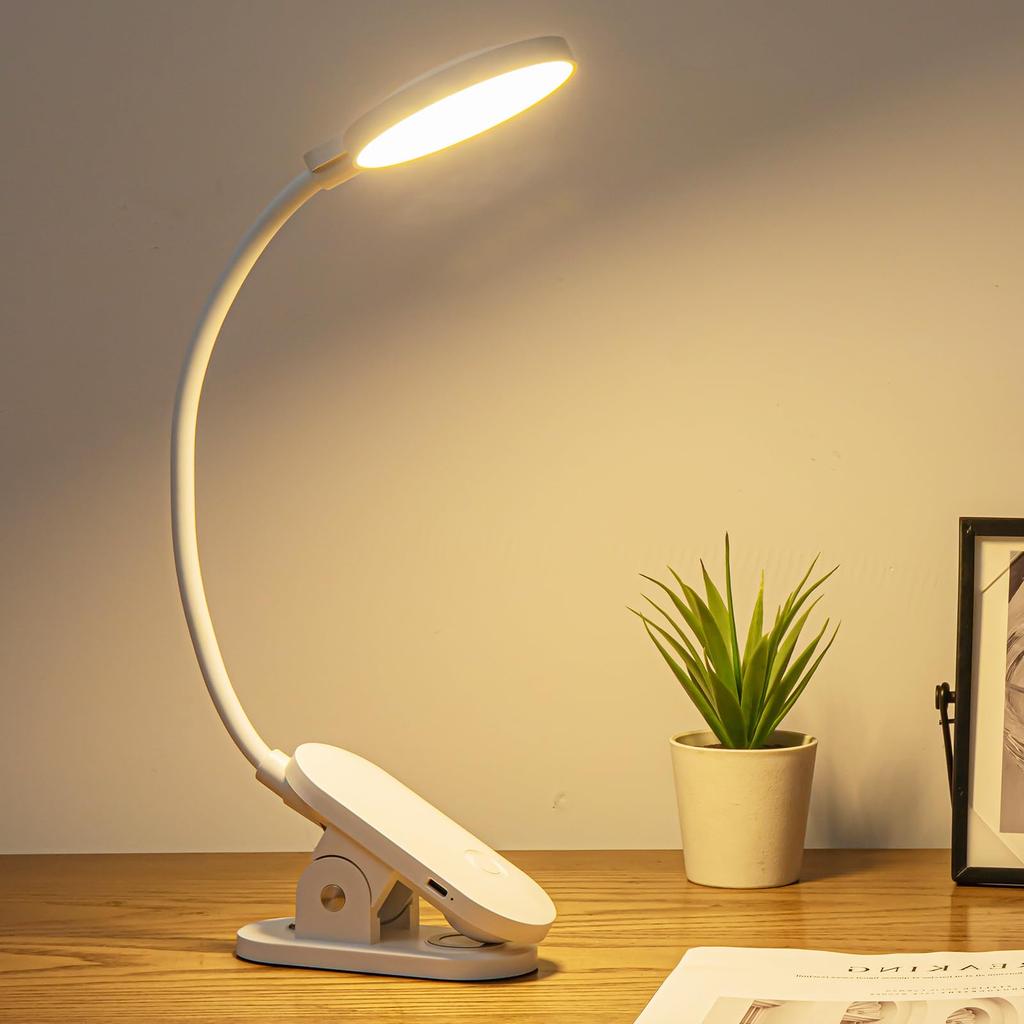 Clip-on LED Rechargeable Desk Lamp, Cordless, Table Lamp with 3 Color Temperature Settings and Stepless Dimming, Compact Stand Light, Reading Lamp,