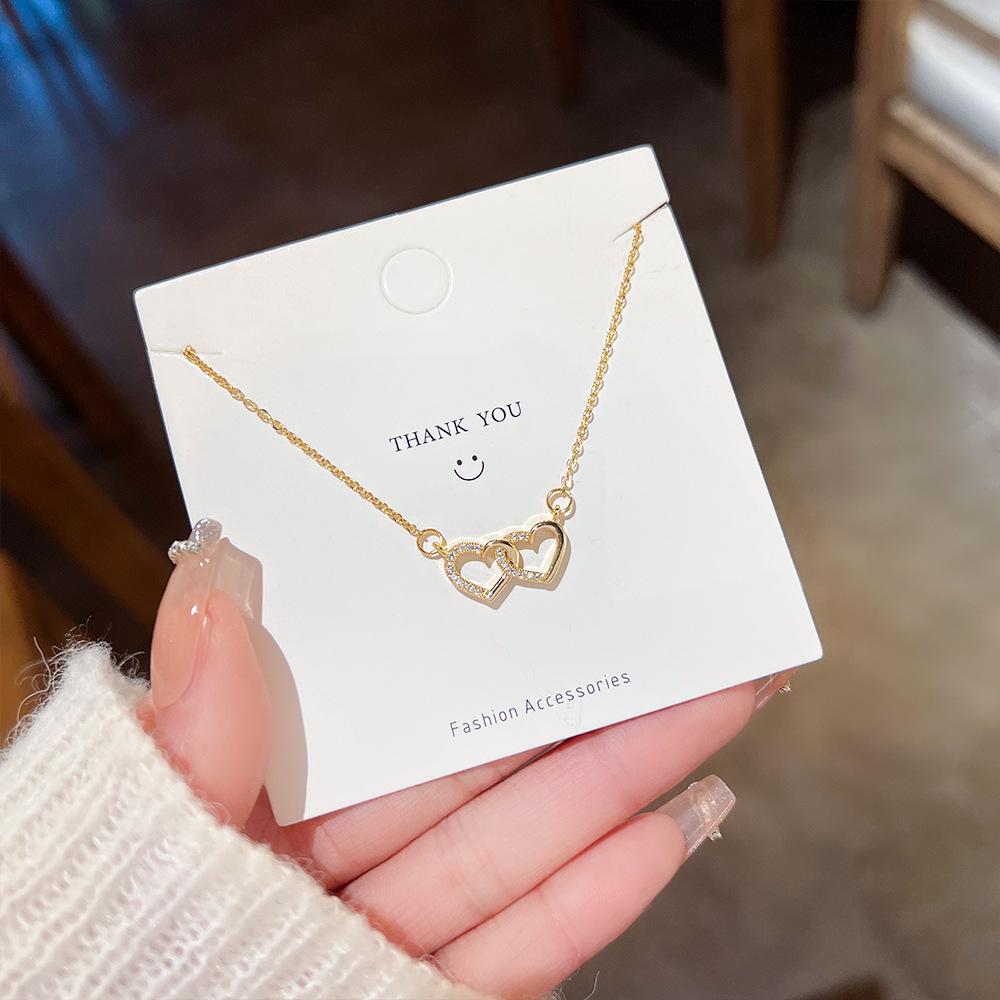 Edelstahlkette Goldfarbe Romantischer Zirkon Doppelherz Anhänger Halsketten für Damen Mädchen Zarte Accessoires Geschenke