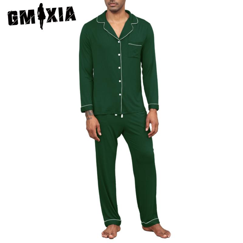 GMXIA Spring, Summer and Autumn Men's Pajamas Set Long-sleeved POLO Neck  Solid Colour Cardigan Homewear