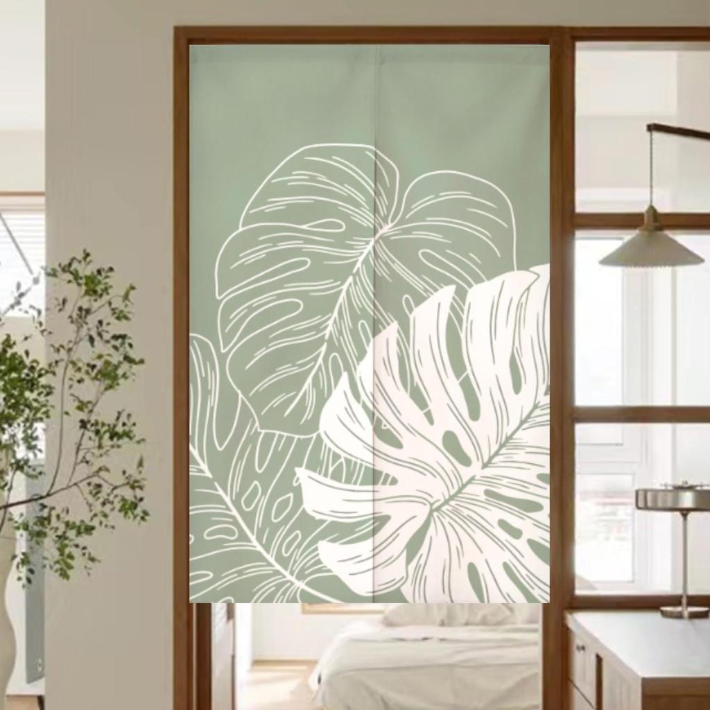 Dicker Noren-Vorhang mit Spannung Botanisches Grünes Blatt Privatsphäre Raum Einfacher Türdurchgang Natürlich Lang, Stange, 150x80cm, Muster, Sichtschutz, Raumteiler, Installation,