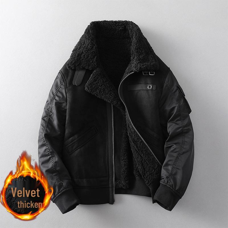 Men's Winter Lapel Leather & Fur Color Block Jacket 