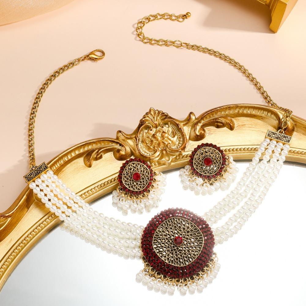 Imitation Pearl Rhinestone Necklace Earrings Luxury Choker Necklace Set Retro Jewelry Set  Party