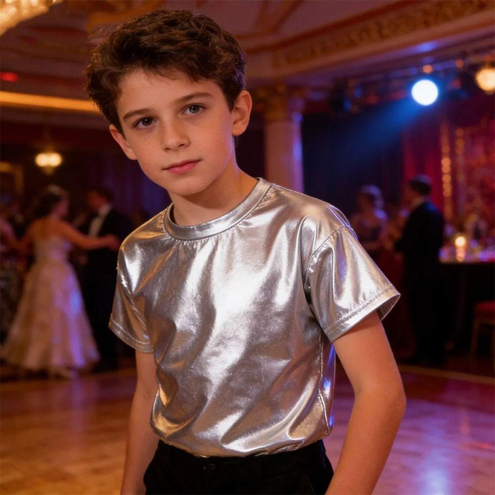 Disco Metallic Top Hip Hop Performance Dancewear Fashion Dance Top Kids Boys Girls