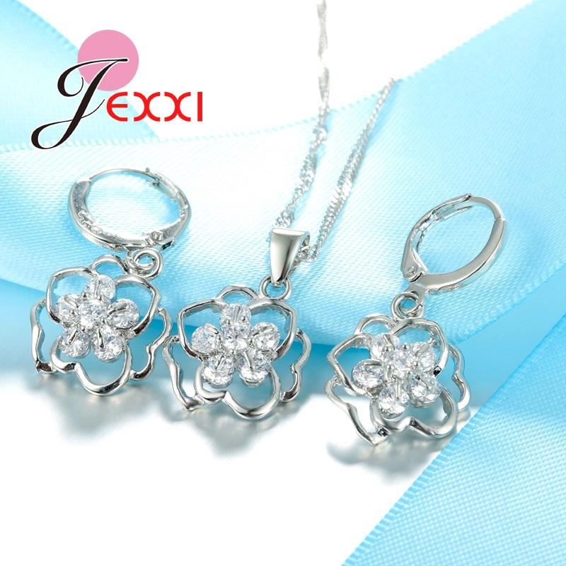 Vintage Flower Shape Austrian Crystal Pendant Necklaces Hoop Earrings 925 Sterling Silver Women Bridal Wedding Jewelry Set
