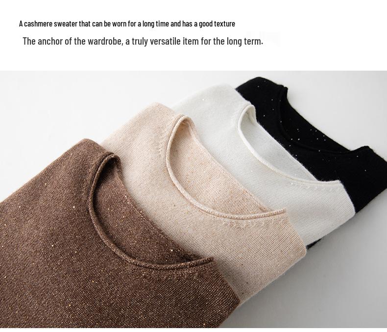 Women's Sequined Cashmere Sweater - Thickened Roll-Edge Round Neck, Versatile Autumn/Winter Casual Knit Base Layer
