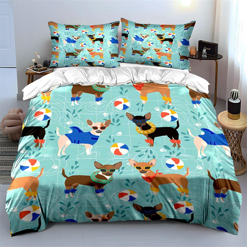 Chihuahua Pool Party Pattern Bedding Duvet Cover Set Duvet Cover Pillowcases  (1*Duvet Cover 2*Pillowcases, Without Duvet Insert)