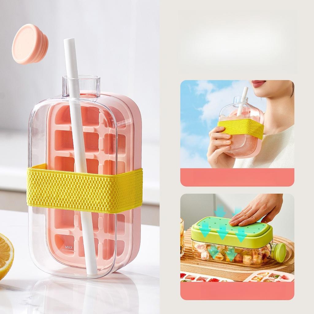 2in1 Ice Tray Water Bottle Portable Silicone Summer Ice Cube Tray With Straw Pressing Mould Ice DrinkBottle Outdoor Beverage Cup