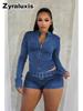 New Arrival Women's Punk Style Distressed Elastic High-Waisted Zip Open Shorts Set Long Sleeve Denim Outfit