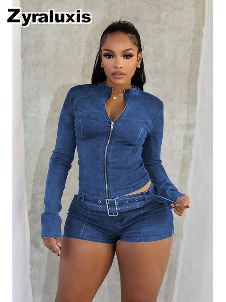 New Arrival Women's Punk Style Distressed Elastic High-Waisted Zip Open Shorts Set Long Sleeve Denim Outfit