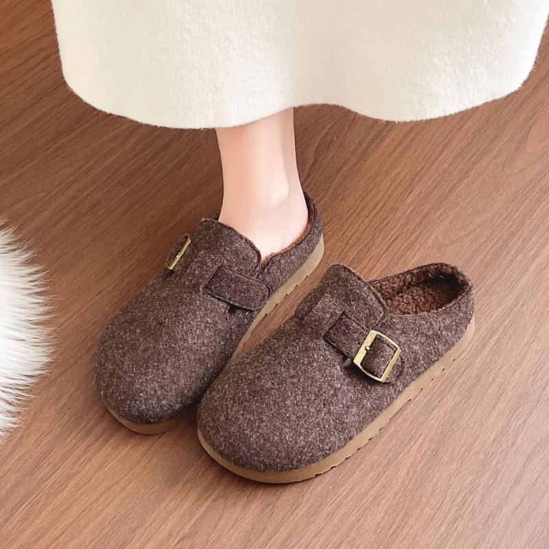 Winter new retro women's lazy half slippers casual non-slip velvet warm outer cotton shoes