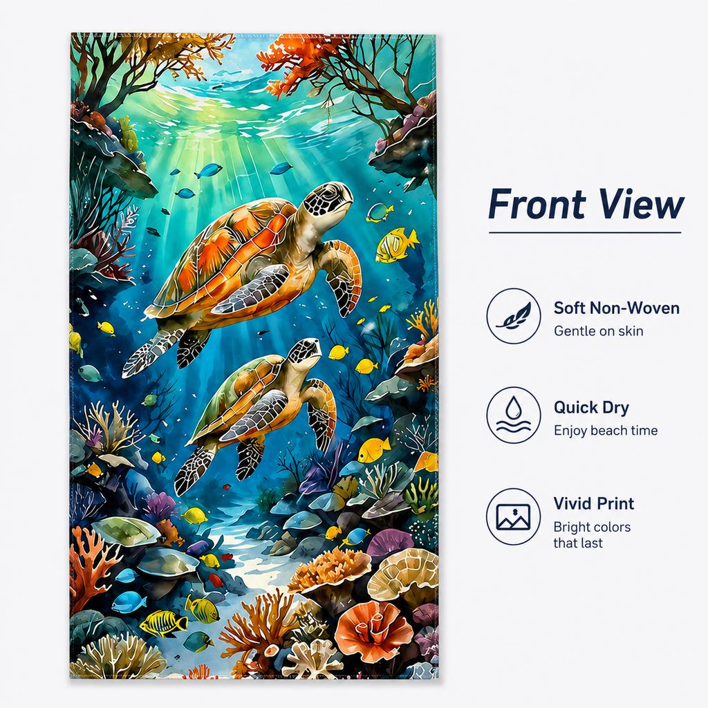 Sea Turtle Beach Towel Flat Print Colorful Ocean Life Coral Reef Bath Towel for Outdoor Travel Pool Picnic Blanket