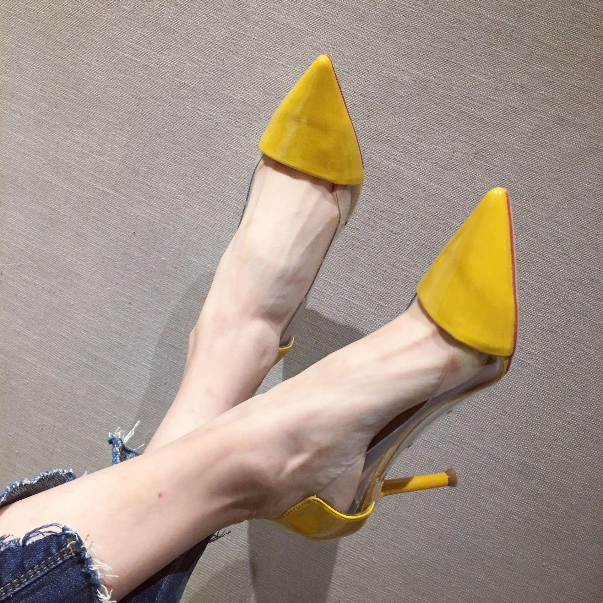 

заостренный носок кожаные пэчворк прозрачные туфли на высоком каблуке женские конфетно-желтые туфли-лодочки на шпильке тонкий каблук прозрачные эскарпины женские 4.5 жёлтый