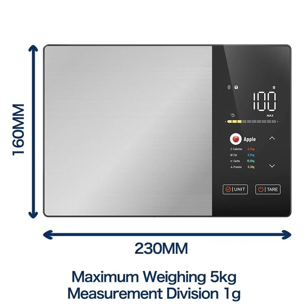 

Smart Kitchen Scale Stainless Steel Food Calorie Protein Fat Carbs Nutritional Calculator 11LB/5kg Weight for Healthy Cooking 5Kg