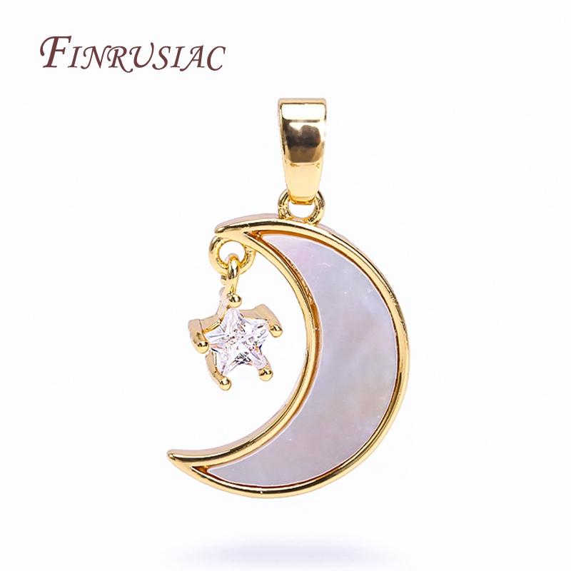 18K Real Gold Plated Zircon Star with Shell Moon Pendant For Necklace Making,Star Crescent Charms DIY Jewellery Making Supplies