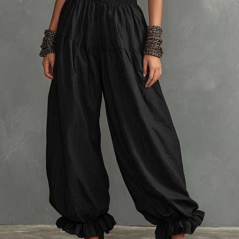 Women's Smocked Waist Harem Pants Loose Balloon Trousers Ruffle Ankle Casual Summer Pants