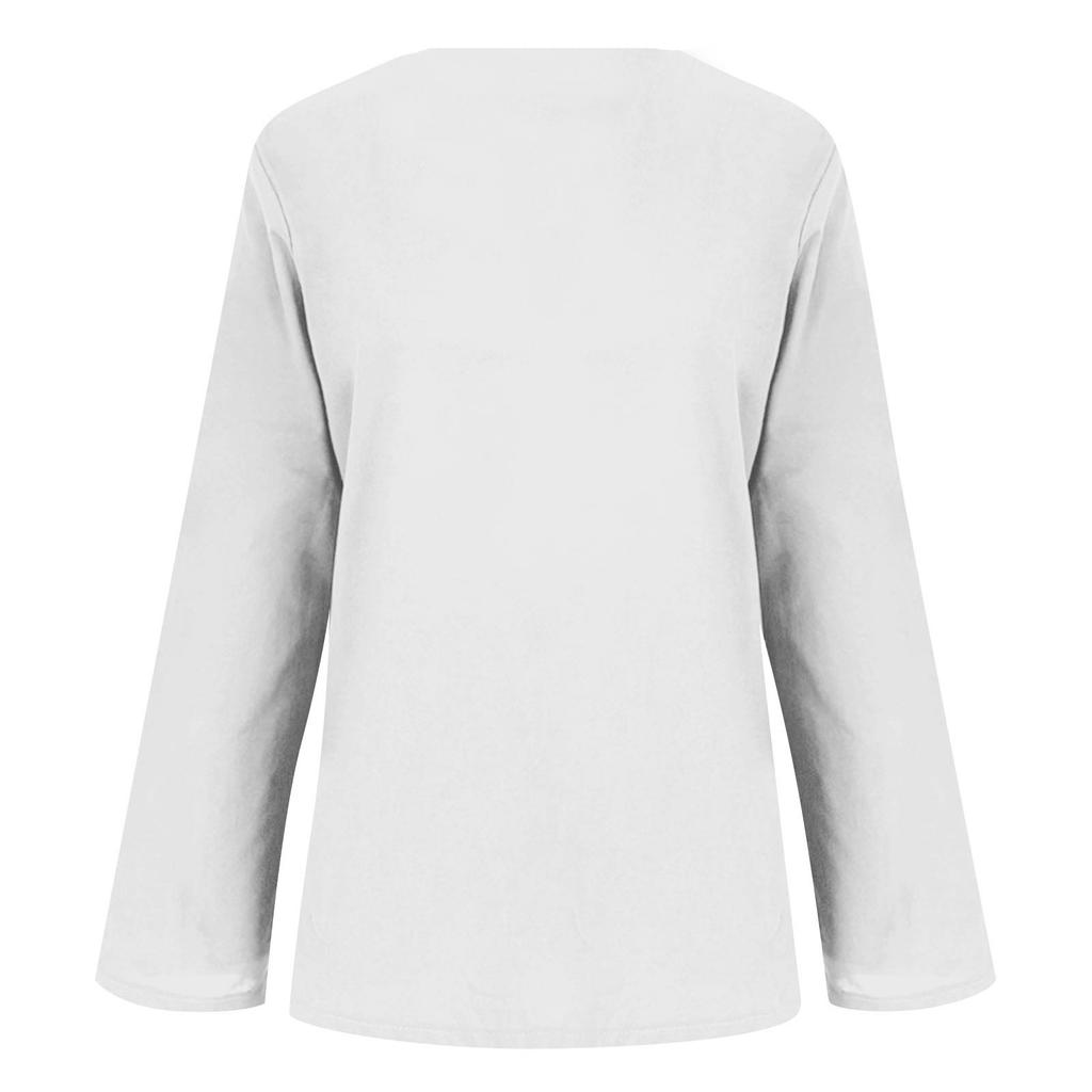 Women's Fashion Casual Cotton Linen V-Neck Long Sleeve Pullover Top