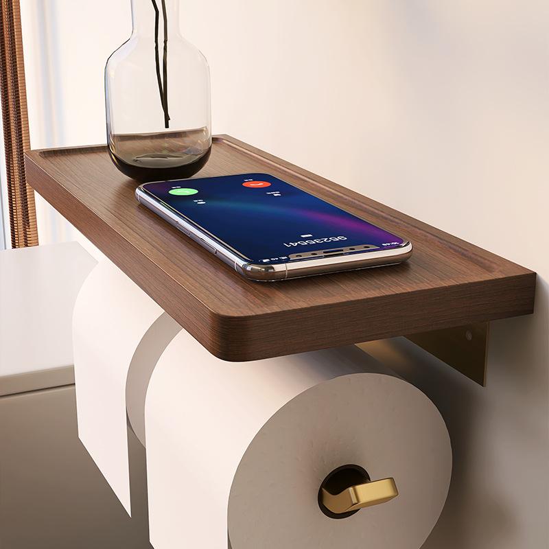 Wood Bathroom Paper Towel Holder Brushed Gold Toilet Paper Roll Holder Wall-mounted Cell Phone Shelving Toilet Paper Box