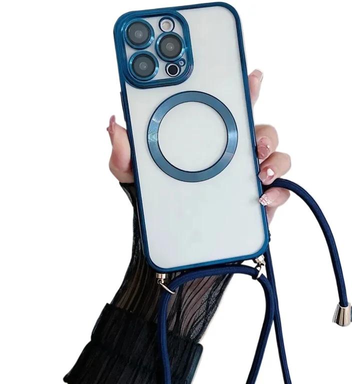 Electroplated transparent magnetic Magsafe wireless charging case suitable for iPhone 16 15 14 12 13 Pro Max  neckla case