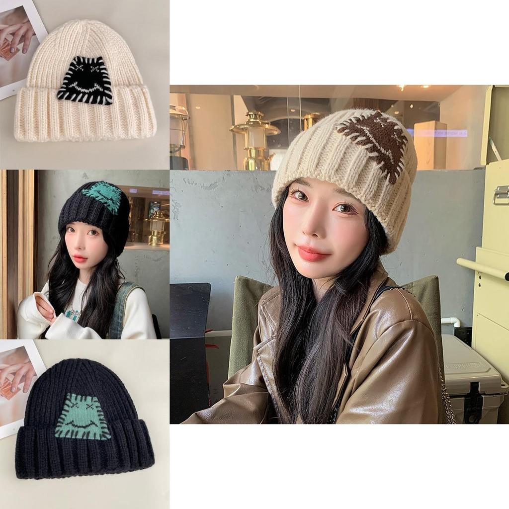 Expression Pattern Embroidery Knit Hat Women Autumn Winter Warm Thick Earmuff For Casual Outdoor Use
