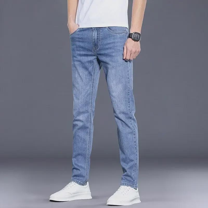 2024 Herren Slim Straight Stretch Blaue Eisseidenjeans