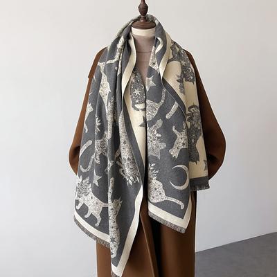 Winter Women Cute Cat Print Scarf Luxury Design Double Sided Cashmere Scarf Thick Warm Shawl Blanket Bufanda Poncho Stoles