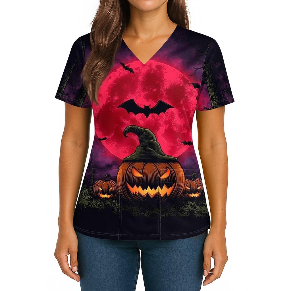 Dámský halloweenský potištěný top s výstřihem do V, dvojitou kapsou, krátkým rukávem a rozparkem na lemu, uniforma pro pečovatelky