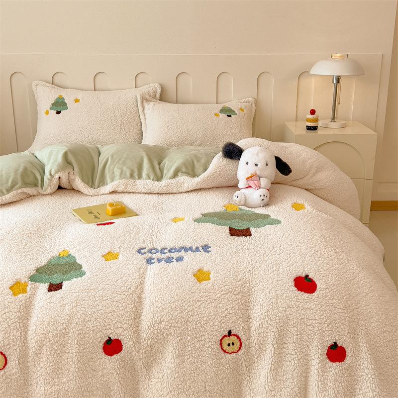 Cartoon Lamb Wool Four-Piece Set Thickened Milk Fleece Quilt Cover Coral Fleece Bedding Fleece Sheets