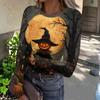 Women Casual Long Sleeve Ribbed Top Halloween Pumpkin Print Round Neck Slim Fit Stretchy Shirt