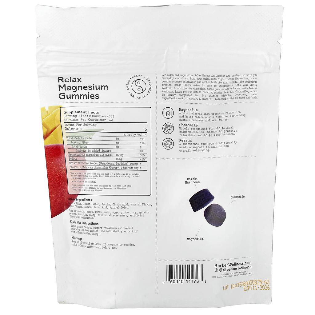 Barker Wellness Co., Relax Magnesium Gummies, Tropical Mango, 60 Gummies