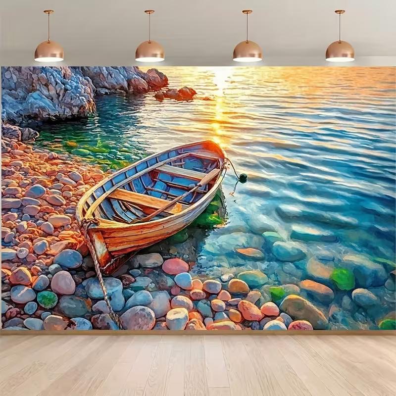 2D Sunset Ocean Wall Hanging - Clear Sea & Pebble Shore Background Cloth 47.2x31.5inch/120*80cm