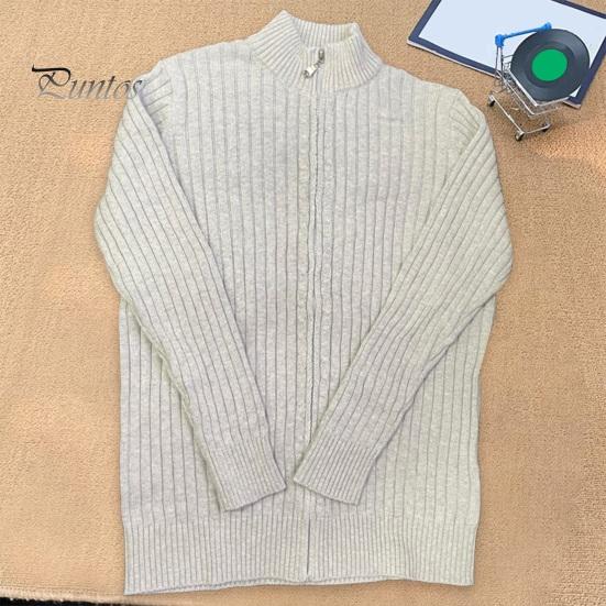 Fall Winter Men Coat Zipper Closure Knitted Cardigan Stand Collar Long Sleeves Solid Color Thick Elastic Loose Striped Texture Daily Wear Knit Jacket