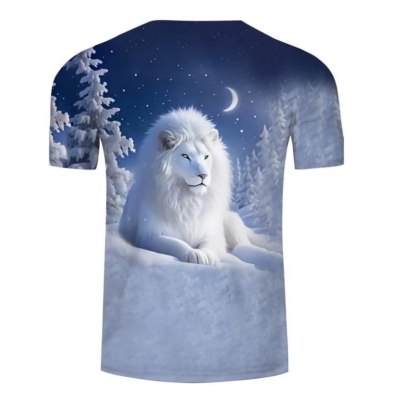 3D Snow Lion Printed T-Shirt for Men Cool White Animal King Moonlit Graphic Short Sleeve Tees Trendy Casual Round Neck Harajuku Style Streetwear Tops