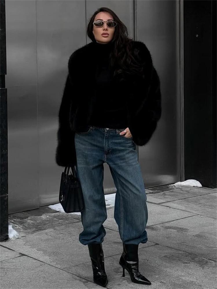 Wintermode Pelz Feder Oberbekleidung für Damen Revers Hohe Taille Warm Locker Langarm Pendelmantel Weiblich Pelz Feder