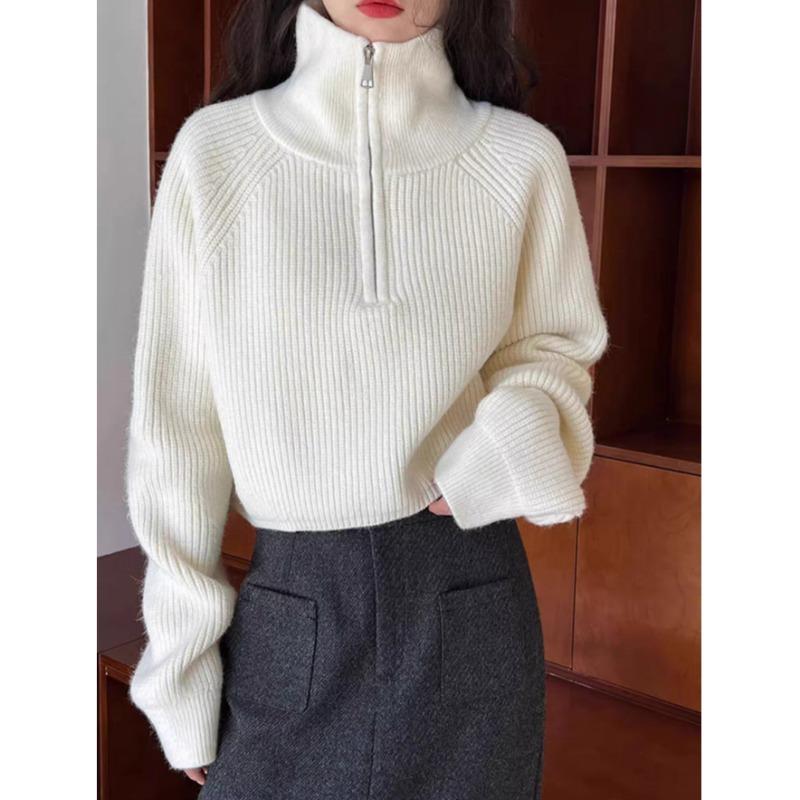 Fashion Autumn Winter Semi-turtleneck Zipper Women Knitted Sweater Long Sleeve Loose Short Tops New Solid Color Office Casual Simple Clothing
