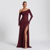 European and American One Shoulder Folded Waist Perspective Off Shoulder Mesh Women's Sexy Long Dress