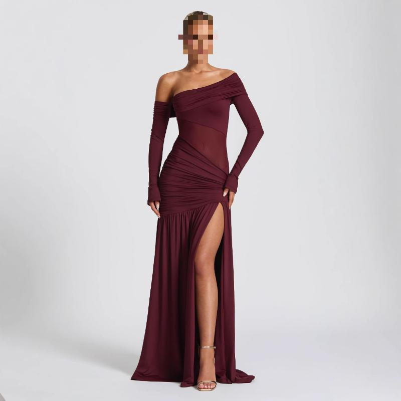 European and American One Shoulder Folded Waist Perspective Off Shoulder Mesh Women's Sexy Long Dress