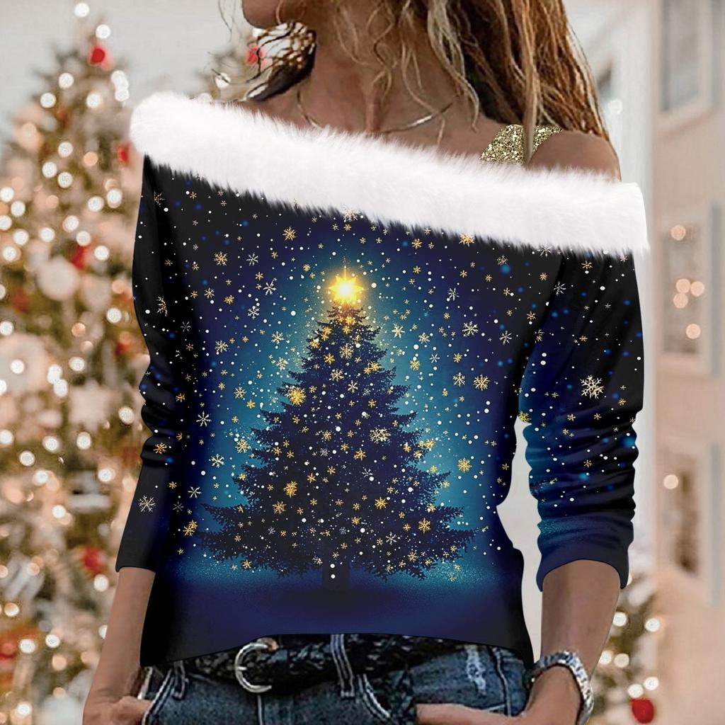 Women's Autumn And Winter Long Sleeved Single Shoulder Strap Christmas Print Pullover Top